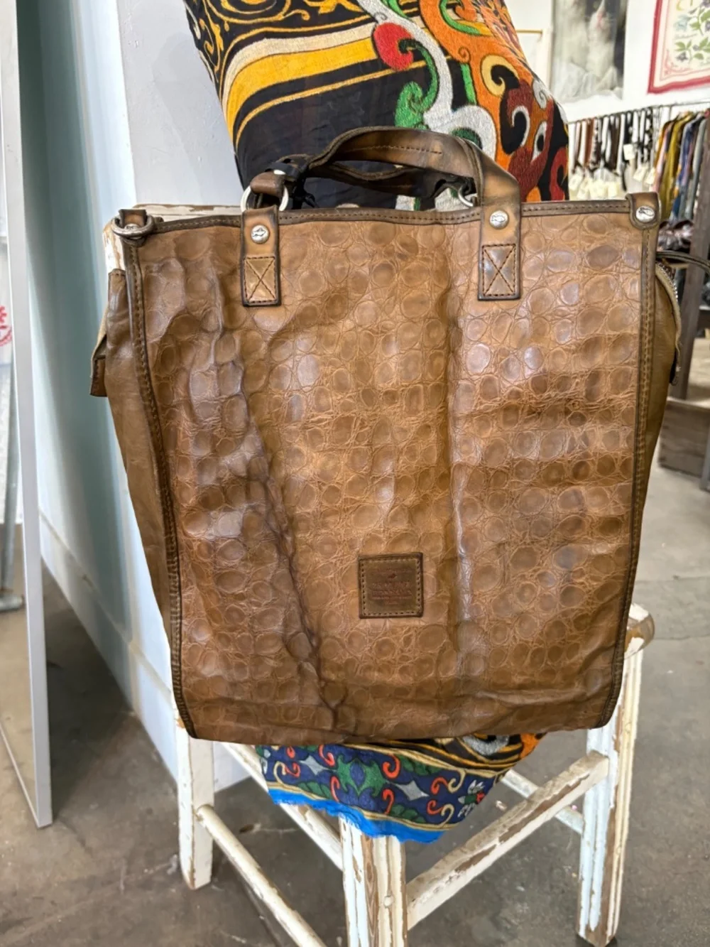 Campomaggi Tokyo Embossed Leather Shopping Tote in Verde Militare